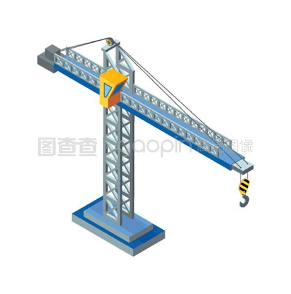 起重機,用鋼制造的工業建筑機械,獨立圖標矢量。用鉤和繩提升裝置。塔式液壓結構。起重機,鋼鐵工業建筑